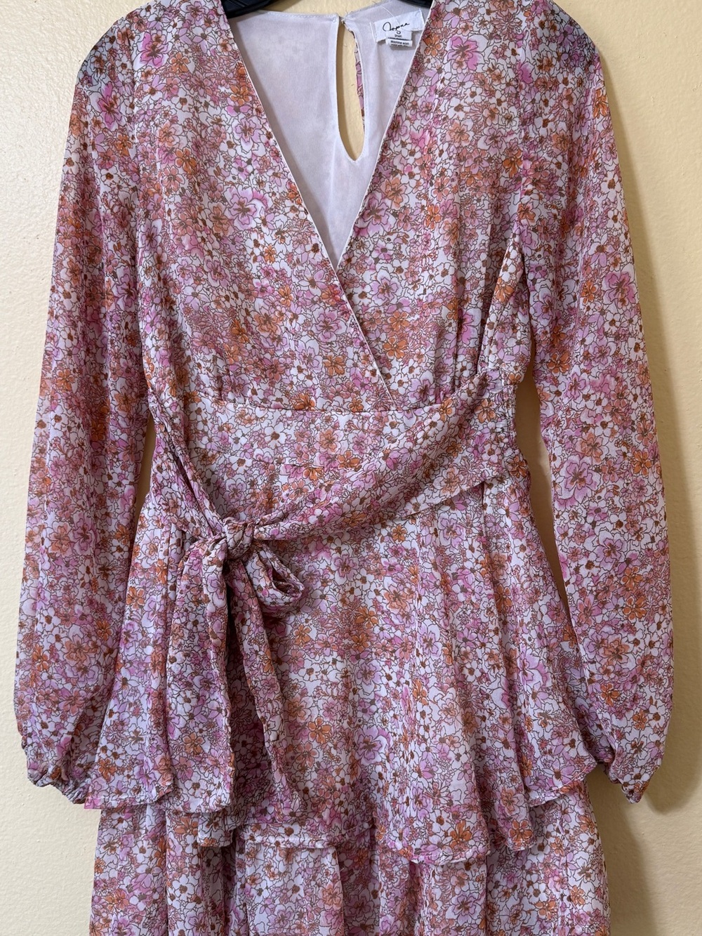 Japna Pink Floral Tiered Wrap Long Sleeve Mini Dress